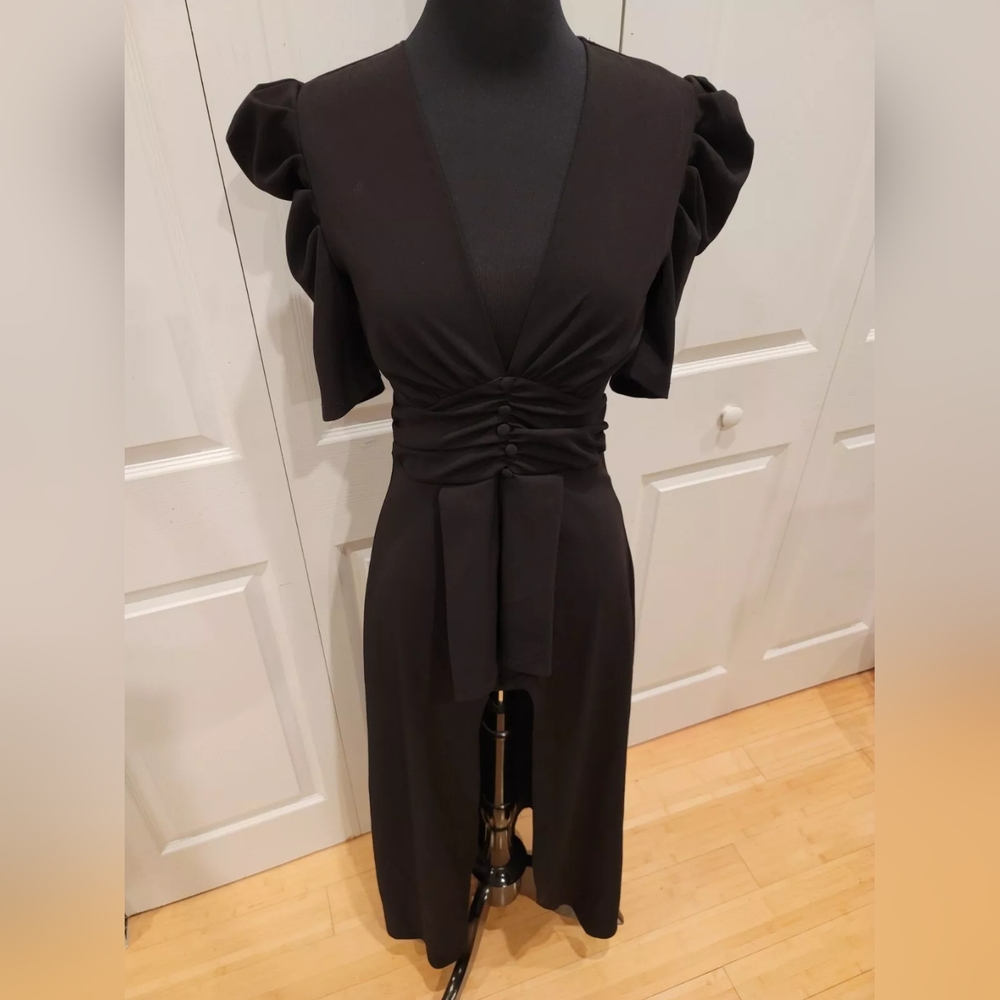 Unique Forever 21 Win Win black high low deep v ruched waist top S NWT - Picture 6 of 7